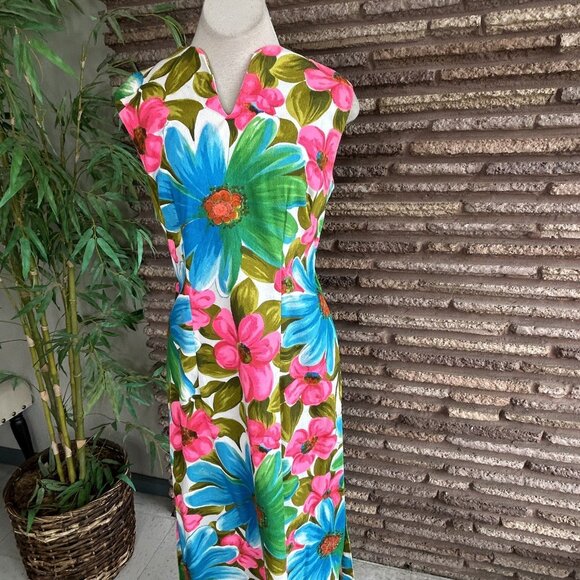 Alice Polynesian Fashions Bold Daisy Floral Maxi Dress Barkcloth Look - Picture 6 of 9